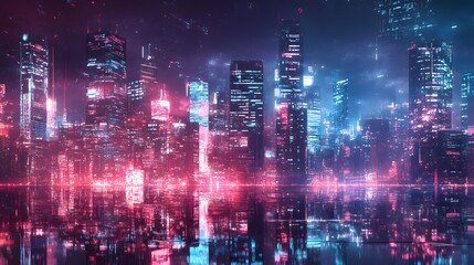 Fototapeta premium A futuristic neon city skyline reflected on water, glowing with blue and pink lights under a dramatic night sky.
