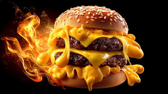 Delicious cheeseburger dripping with melted cheese and topped with sesame seed bun. Captivating fiery backdrop enhances appeal. Concept of fast food, culinary delight, indulgence