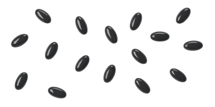 Numerous dark oval shaped pills scattered in a random pattern against a black background isolated on a transparent background