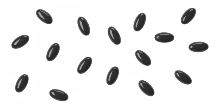 Numerous dark oval shaped pills scattered in a random pattern against a black background isolated on a transparent background