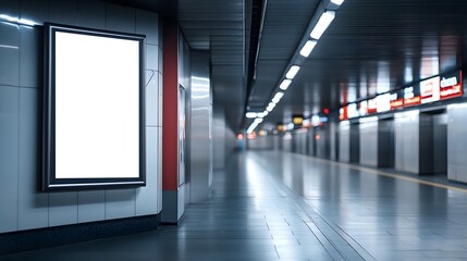 A blank illuminated advertising frame in a modern subway station, ready for promotional or branding content.