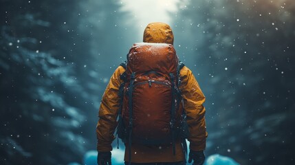 Fototapeta premium A lone hiker walks through a snowy forest, immersed in a mystical atmosphere with dancing snowflakes