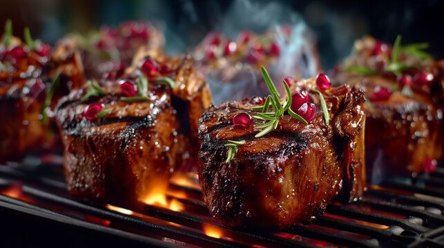 Sizzling grilled meat on barbecue with rosemary and pomegranate garnishes. Outdoor cooking scene with smoke rising, creating a delicious atmosphere. Concept of catering, food service, gourmet cooking