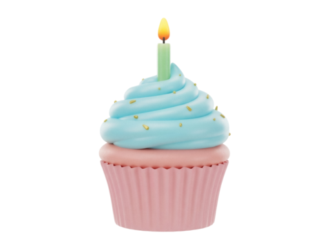 Delicious cupcake with blue frosting and candle isolated PNG, sweet treat for birthday party and celebration on transparent background