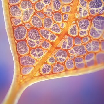A microscopic close-up of a leaf?s surface showing vivid cellular patterns in warm orange and purple hues.
