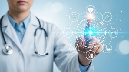Doctor touching virtual screen with medical icons for modern healthcare solutions