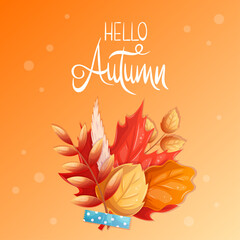 Obraz premium A square autumn postcard with a bouquet of leaves. Maple, oak, mountain ash. Vector illustration for seasonal design of banners, posters, promotions, advertisements.