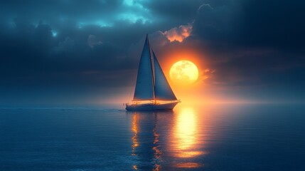 A sailboat glides on calm waters at sunset, reflecting golden and orange hues across the horizon