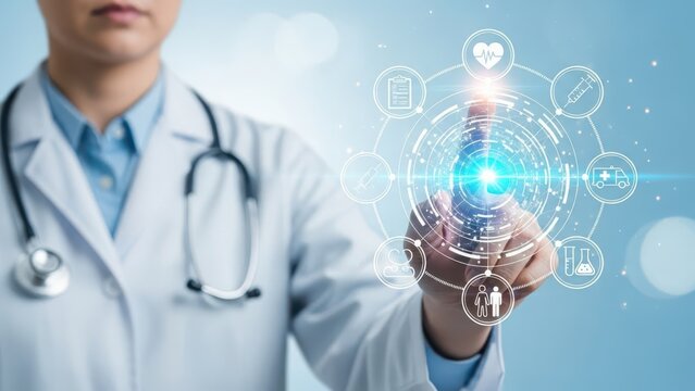Doctor touching virtual screen with medical icons for modern healthcare solutions - Powered by Adobe