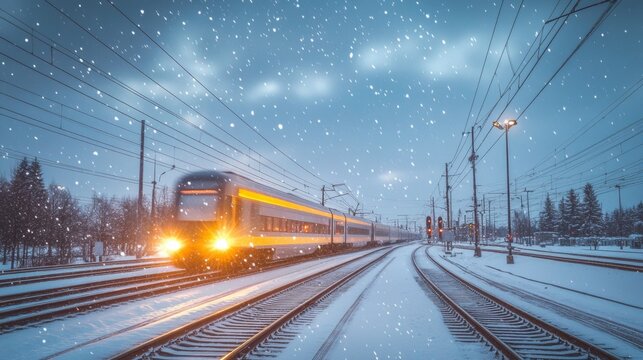 Fototapeta High-Speed Passenger Train Transporting Travelers Through a Beautiful Snowy Landscape in Winter