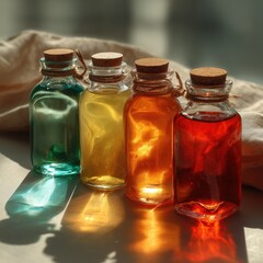 Assorted colorful drinks in glass bottles with natural light reflections, modern minimal style. Perfect for beverage catalogs, branding, and lifestyle visuals.