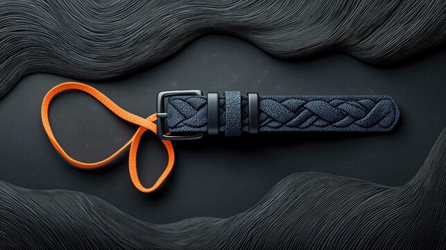 A close-up studio shot of a braided belt with an orange loop, set against a textured dark background.