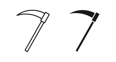 Pickaxe tool icon set in outline and silhouette style, symbolizing mining, construction, and craftsmanship, vector illustration.