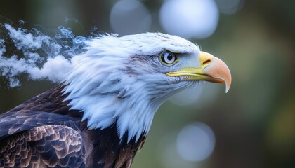 Fototapeta premium Close up profile of a bald eagle head with smoke swirling from its feathers