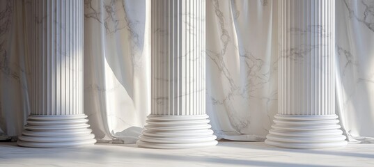 Fototapeta premium Elegant Classic Architecture with White Marble Roman Columns and Light Beige Drapery in Studio Light