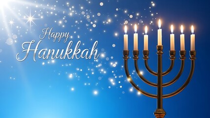 Happy hanukkah festive greeting with a glowing menorah, lit candles, and sparkling bokeh on a vibrant blue background, celebrating the festival of lights tradition