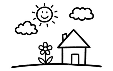 Cheerful hand drawn sun and home with clouds and flower in simple doodle style