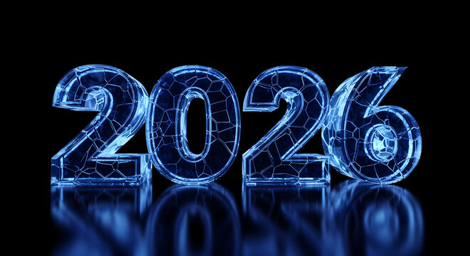 Gleaming blue cracked glass 2026 numbers with reflections, future concept - Powered by Adobe