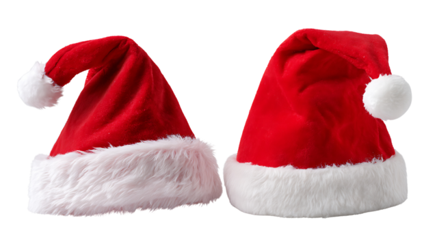 Two Red Santa Hats with White Fur Trim on Black Background christmas hat holiday isolated on a transparent background