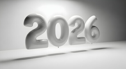 Twenty twenty-six white inflatable balloons floating on a bright backdrop