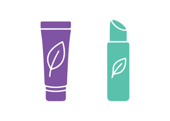 Glyph icon of organic lip balm in color.  This organic cosmetic contains aloe vera extract.  Lip care made with medicinal herbs.  A cosmetic product derived from plants.  Vector illustration