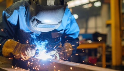 Welder in protective gear performing arc welding sparks flying creating a bright blue glow