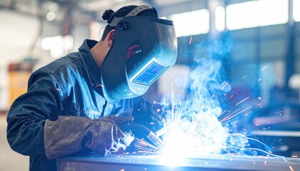 Welder in protective gear working with bright sparks and blue smoke in a workshop