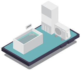 アイソメトリックなスマートフォンの中にあるお風呂と給湯器のイメージ素材