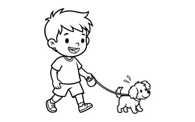 Happy child walking pet dog in simple black and white cartoon style
