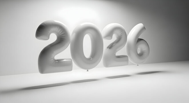 Twenty twenty-six white inflatable balloons floating on a bright backdrop