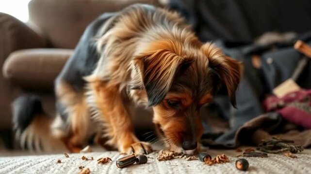 Canine culprit caught red-pawed, a guilty glimmer in his eye as he surveys the devastation he's wrought - a mangled couch, all victims of his rambunctious rampage. video