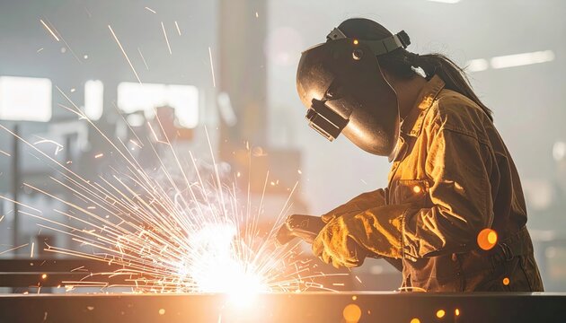 Female welder in protective gear intensely working sparks flying in industrial workshop