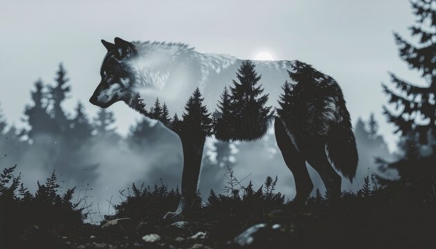 double exposure effect wolf silhouette superimposed with dense pine forest and hazy sunlight