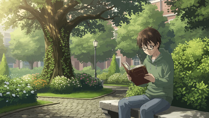 Young Man Reading A Book In A Peaceful Park Setting