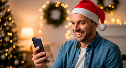 Happy man in Santa hat looking at a mobile phone in a cozy living room decorated for Christmas holiday. Evening at home.