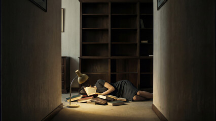 A woman is absorbed in reading on the floor of a dark room, illuminated by a single lamp. A quiet, studious scene of escapism and knowledge.