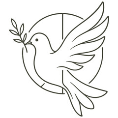 Obraz premium Outline of dove with olive branch and peace symbol in flight.