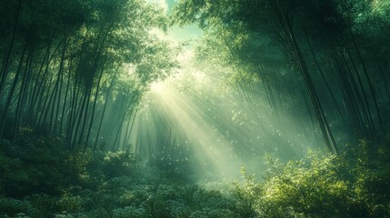 Fototapeta premium Ethereal Morning Light Streaming Through Bamboo Forest Mist