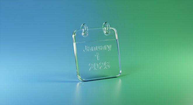 A transparent calendar displays January 1, 2026, in a simple and modern design concept art style.