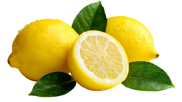 Fresh Lemons with Leaves and Water Droplets on Black Background citrus fruit isolated on a transparent background