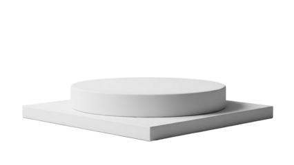 Minimalist white product display podium with a round platform on a square base against a for showcasing items clean aesthetic (150) on transparent background
