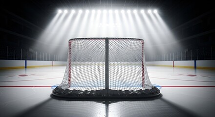 Empty hockey net stands ready on the rink, powerfully illuminated by overhead stadium lighting.