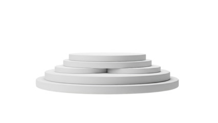 Minimalist white product display stand with five circular tiers against a for showcasing items in a clean and modern style on transparent background