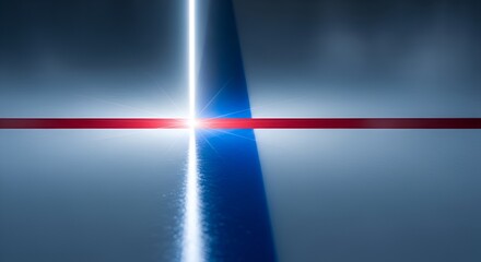 Dynamic interplay of a bright white line crossing a red stripe on a smooth, reflective surface.