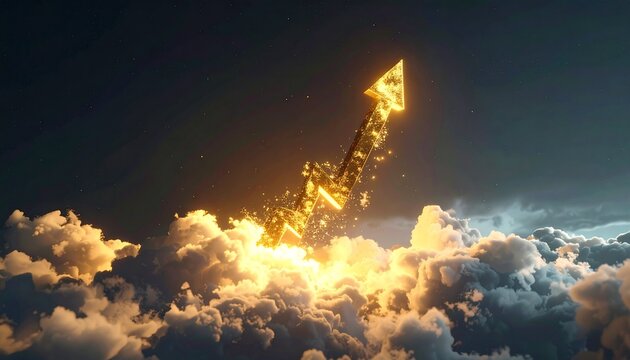 Golden Growth Arrow Rising Above the Clouds