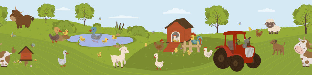 seamless vector illustration of farm life, chicken coop with hens and rooster, cows, goats, ducks, and chickens gather around a pond. A red tractor adds a touch of rural charm in this vibrant vector i