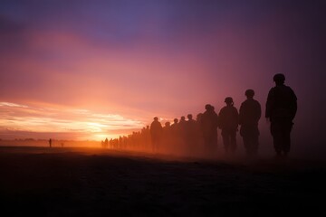 Fototapeta premium Dramatic sunset field scene with troops silhouetted against distant hills