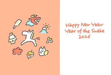 かわいい白馬と日本の正月の縁起物の線画年賀状テンプレート　2026