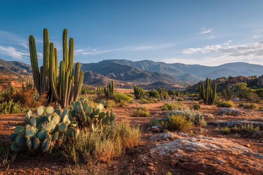Dry desert flora and rugged terrain under blue sky in Mexico