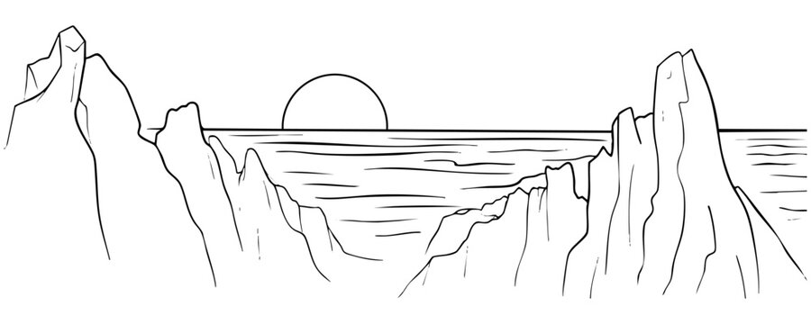 Ocean landscape illustration with cliffs and sunset. Suitable for travel, nature, and adventure themes in linear design.